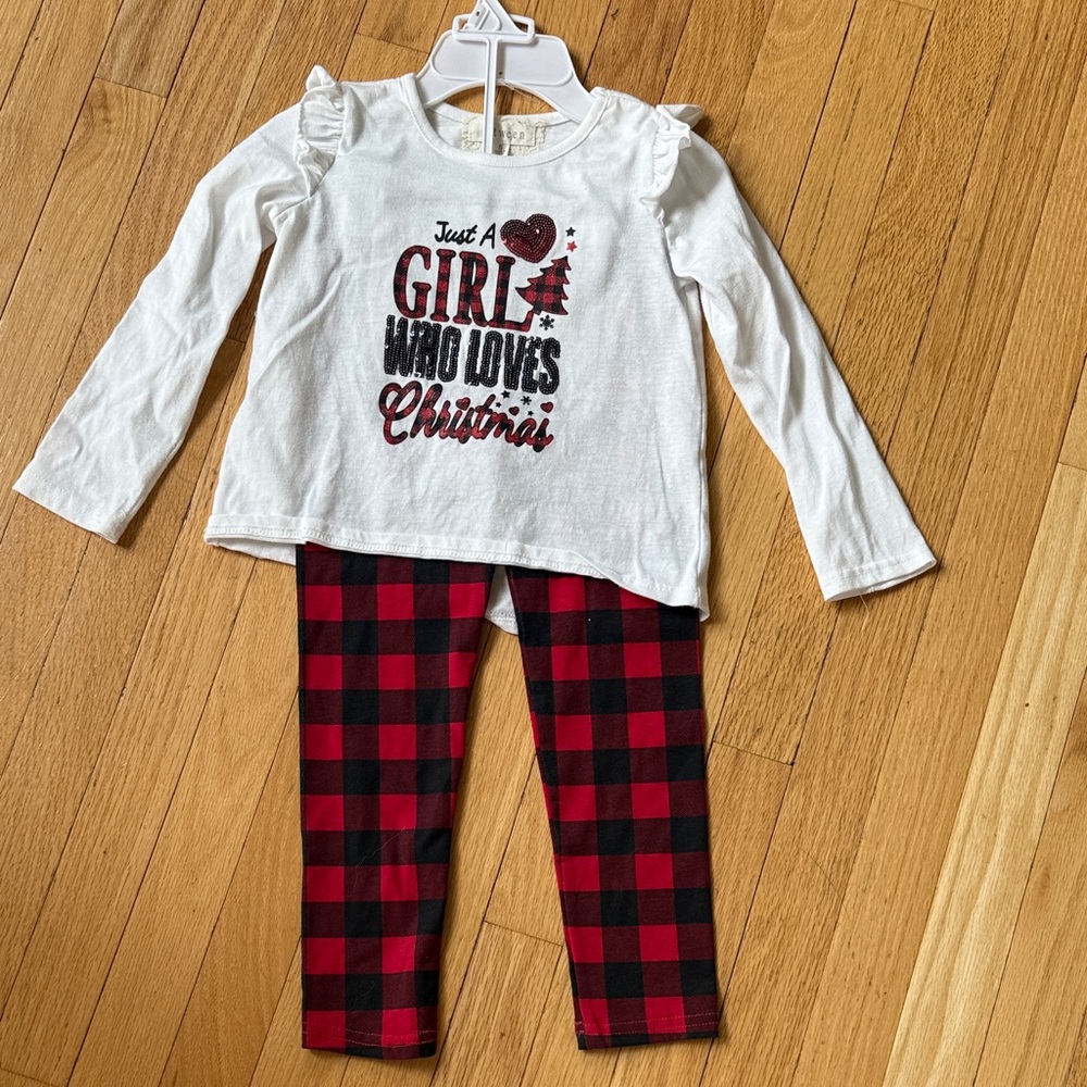 White Lace red plaid Christmas outfit 5T just a girl who loves Christmas NEW